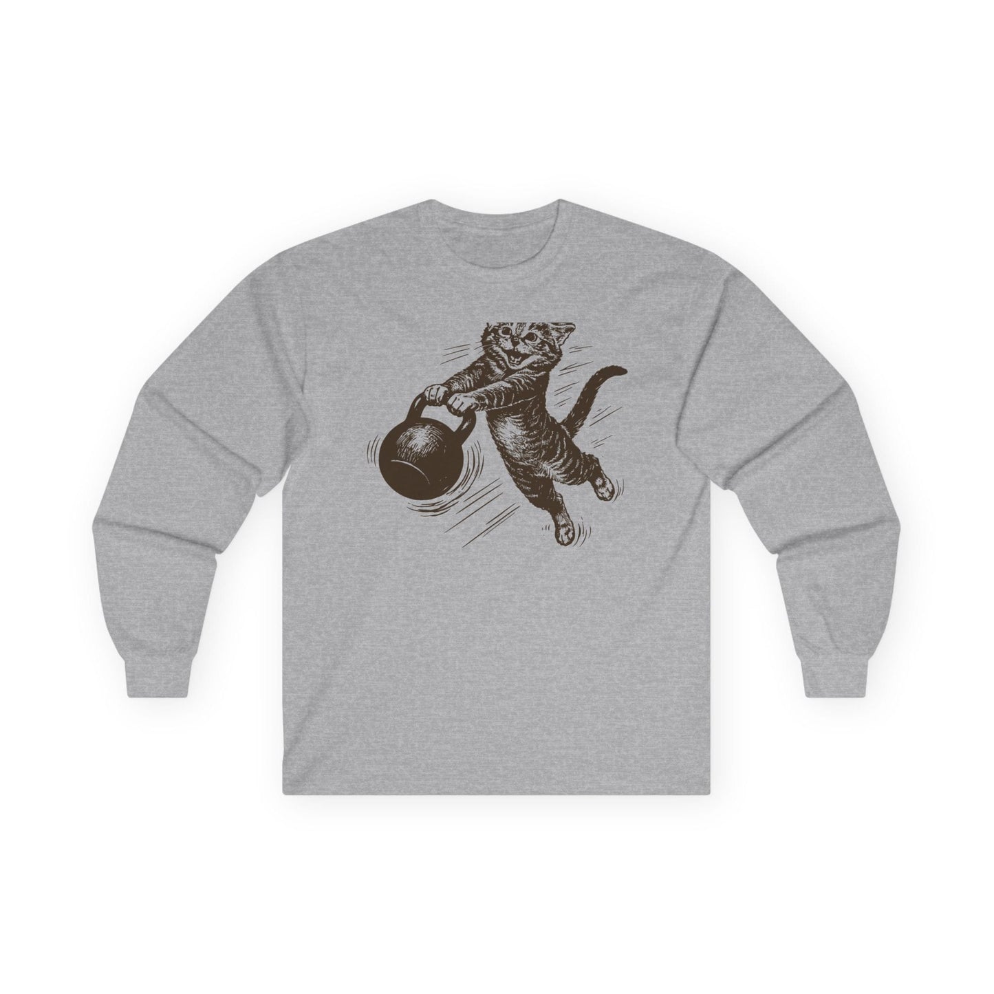 Sport grey long sleeve tee printed with a sepia sketch of a cat swinging a kettlebell