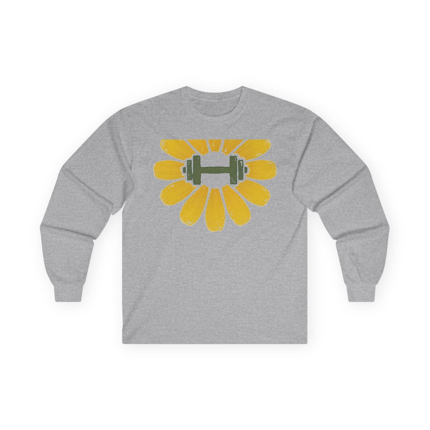 Sport grey long sleeve tee printed with a yellow flower with a green dumbbell at its center