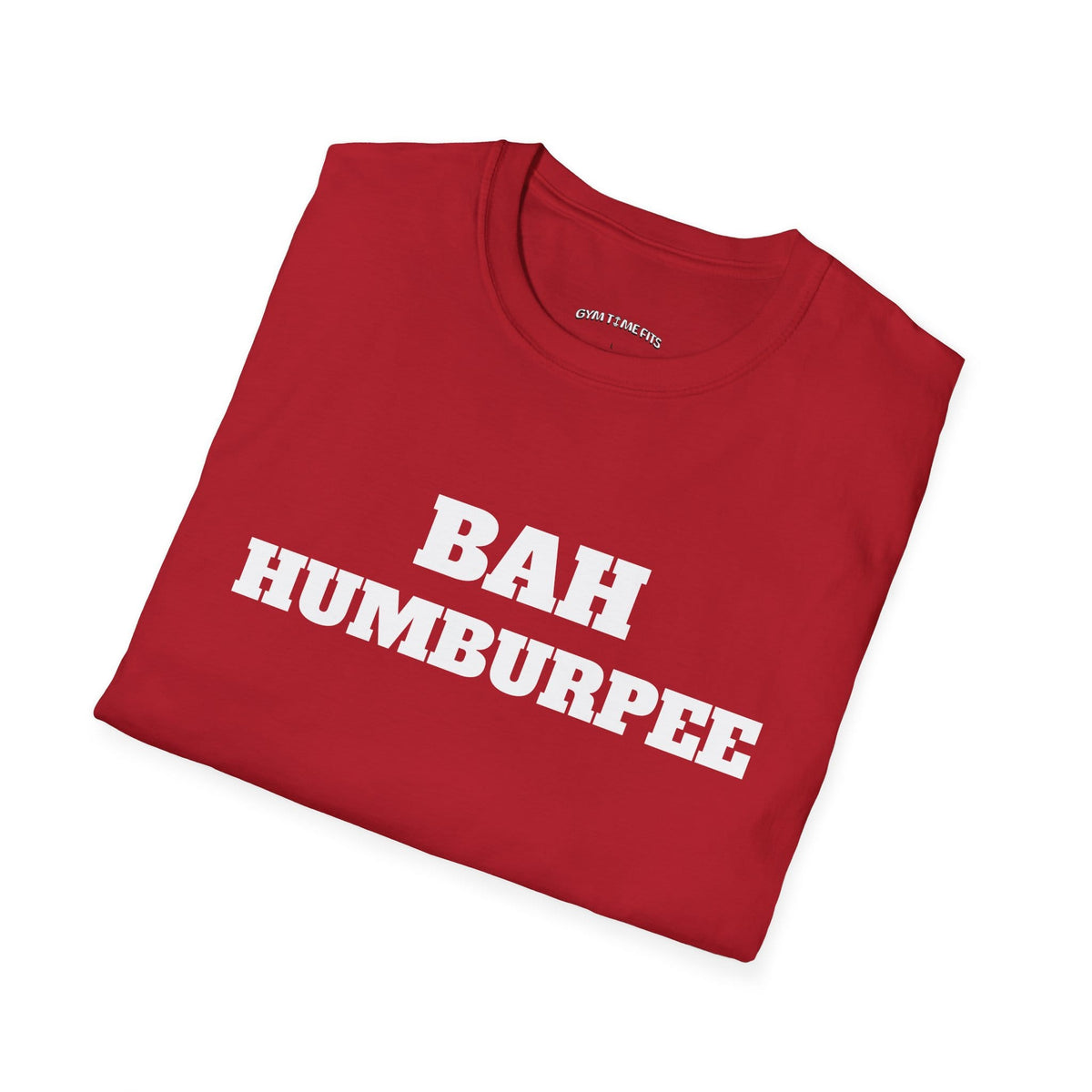 Folded cherry red t-shirt printed with "BAH HUMBURPEE" in white