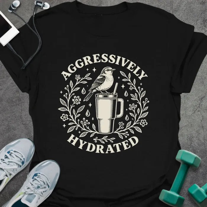Black t-shirt printed with "AGGRESSIVELY HYDRATED" in cream, with a bird perched on a big insulated tumbler inside a wreath of leaves, flowers and water drops