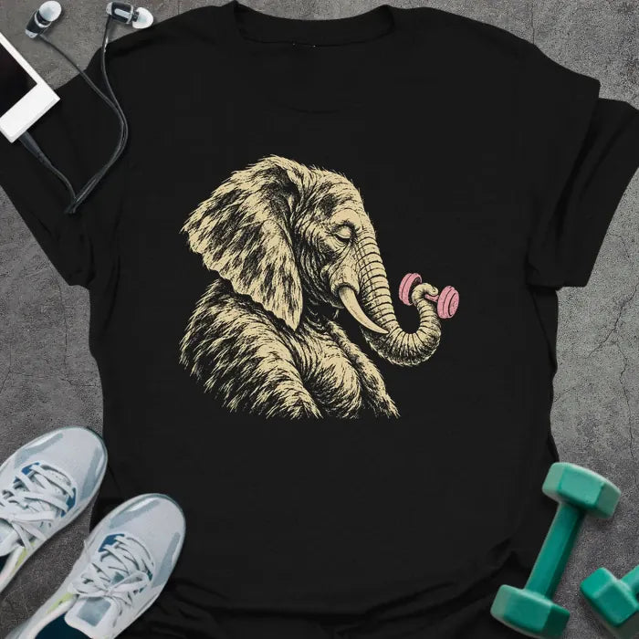Black t-shirt printed with a sketched elephant curling a pink dumbbell with its trunk