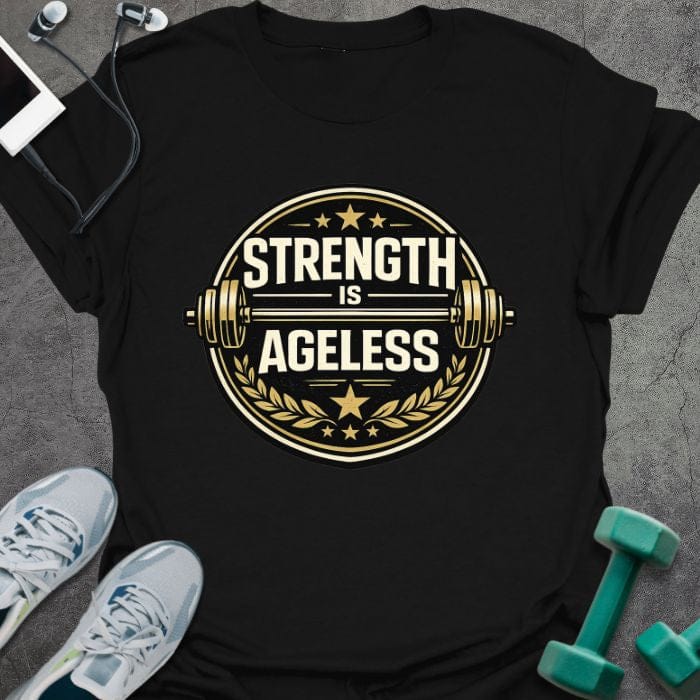 Black t-shirt printed with "Strength is Ageless" in gold and white, with a circular barbell badge and stars