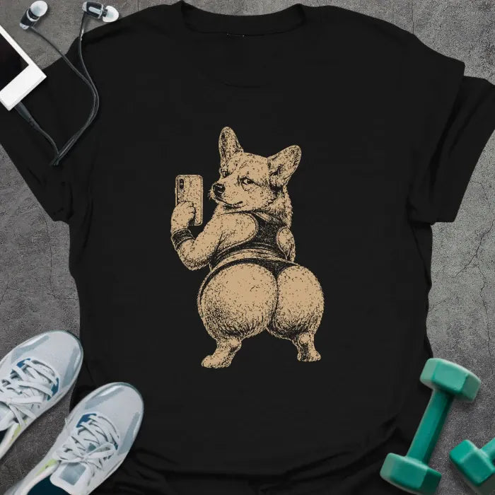 Black t-shirt with an illustration of a Corgi taking a selfie in white
