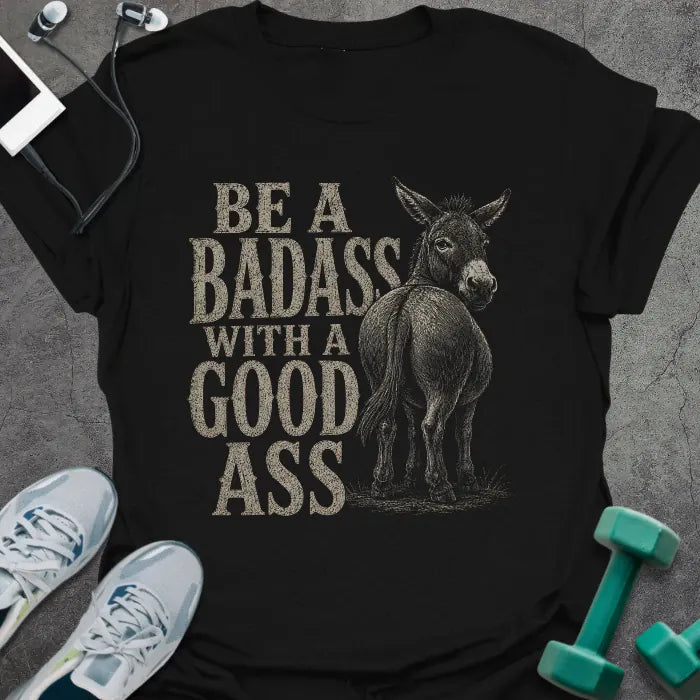 Black t-shirt printed with "Be a Badass With a Good Ass" in tan and gold, with a donkey