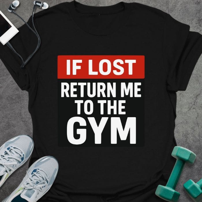 Black t-shirt printed with "If Lost Return Me to the Gym"