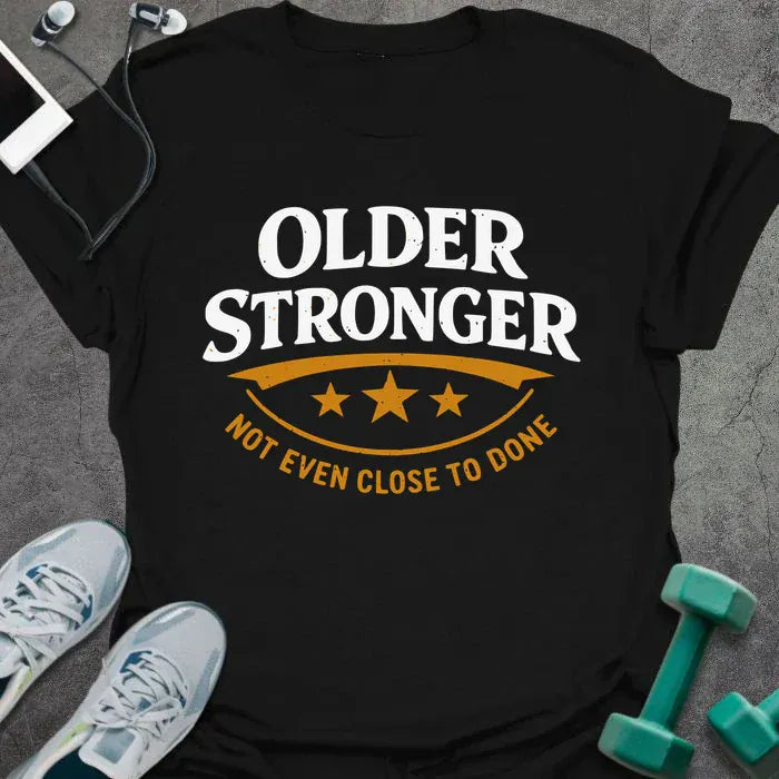 Black t-shirt printed with "Older Stronger Not Even Close to Done" in white and orange, with a scoreboard showing three stars