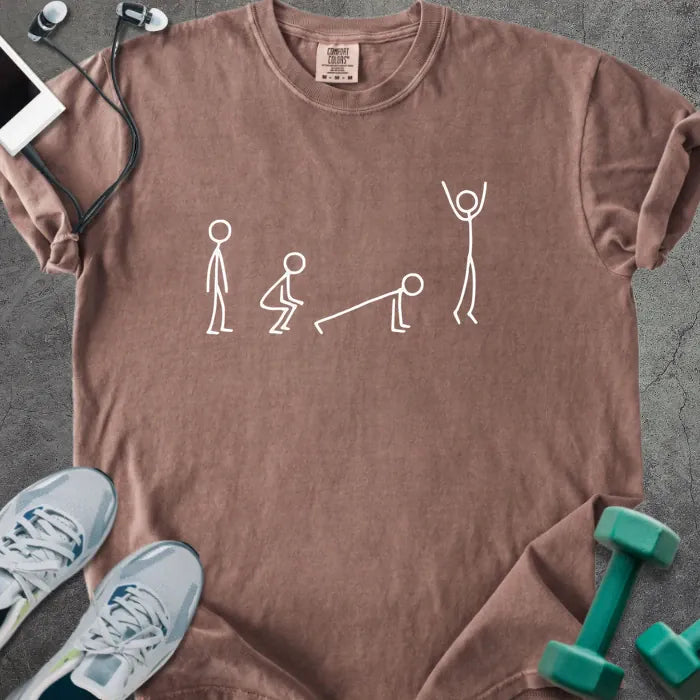 Espresso t-shirt with stick figures doing burpees graphic in white