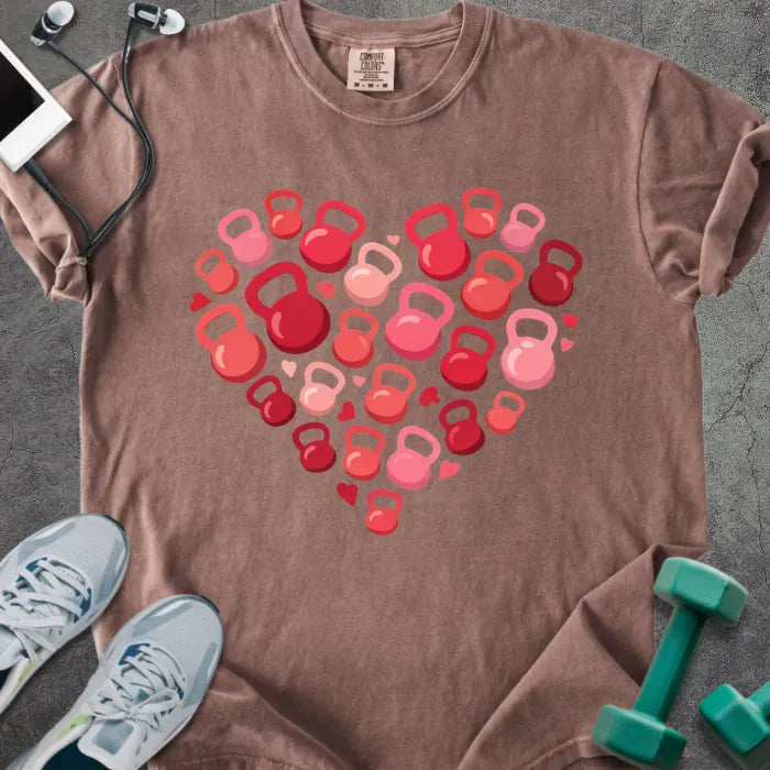 Espresso t-shirt with red kettlebells arranged in a heart shape in red and pink