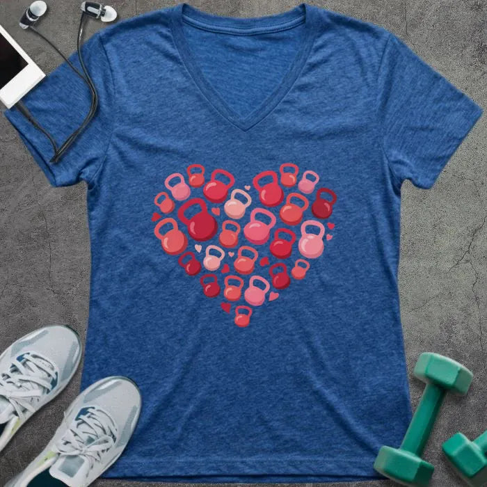 Heather true royal t-shirt with kettlebells arranged in a heart shape in pink and red