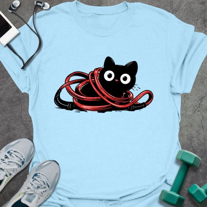 Light blue t-shirt with a black cat tangled in a red jump rope in red, black, white