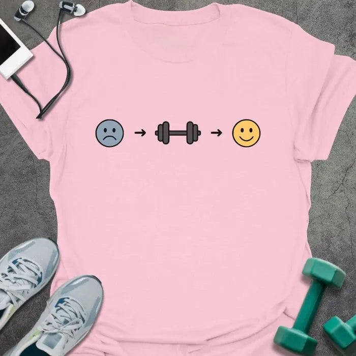 Light pink t-shirt with a sad face to dumbbell to happy face progression