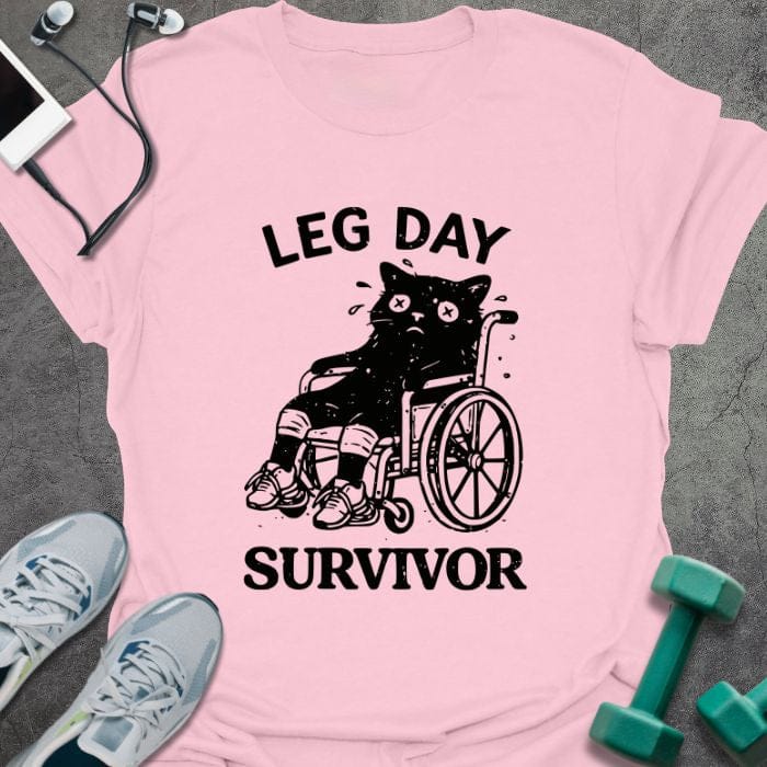 Light pink t-shirt printed with "Leg Day Survivor", with a black cat with X eyes sitting in a wheelchair with bandaged legs