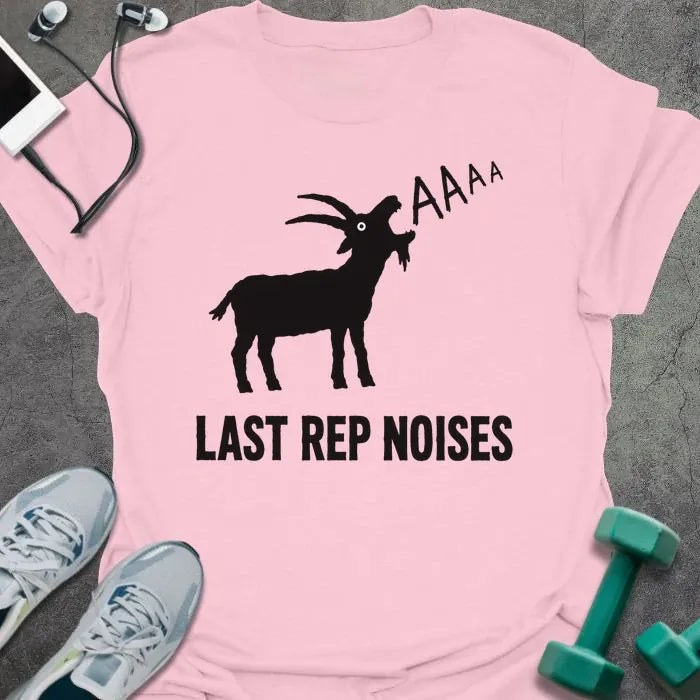 Light Pink t-shirt printed with "LAST REP NOISES" in black lettering with "AAAA" graphic text, with a goat screaming