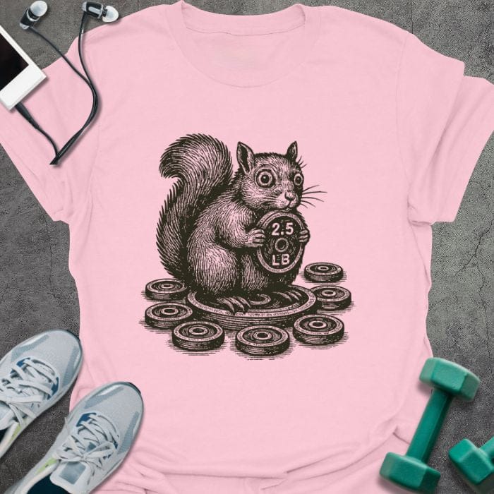 Light pink t-shirt with squirrel holding dumbbells surrounded by weights