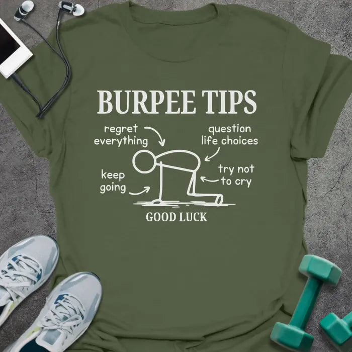 Military green t-shirt printed with "BURPEE TIPS regret everything question life choices keep going try not to cry GOOD LUCK", with an illustration of a stick figure in distress with labels pointing to body