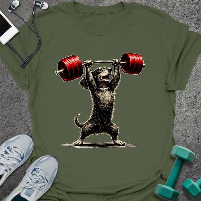 Military green t-shirt with an illustrated dachshund overhead pressing a red barbell in red