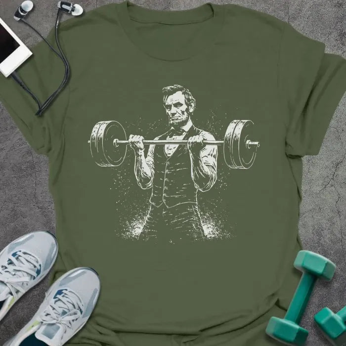 Military green t-shirt with Abraham Lincoln doing bicep curl graphic in white