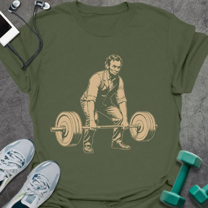 Military green t-shirt with Abraham Lincoln doing deadlift graphic in tan and black