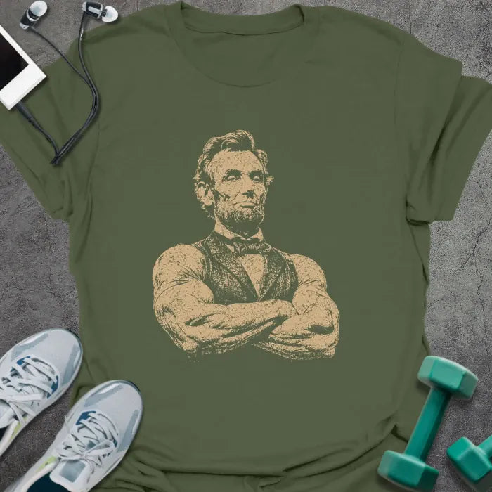 Military green t-shirt with a portrait of Abraham Lincoln with crossed arms in white