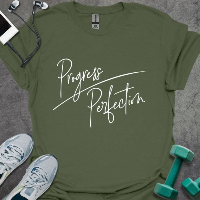 Military green t-shirt printed with "Progress Perfection"
