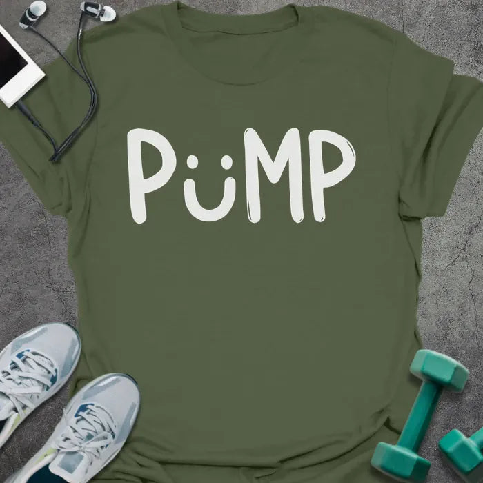 Military green t-shirt printed with "Pup"