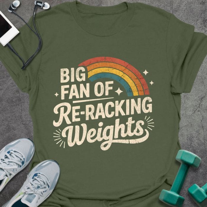 Military green t-shirt printed with "Big Fan of Re-racking Weights", with rainbow and sparkles