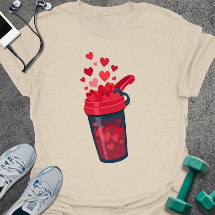 Cream t-shirt with a protein shake container overflowing with hearts in red, blue, white, pink