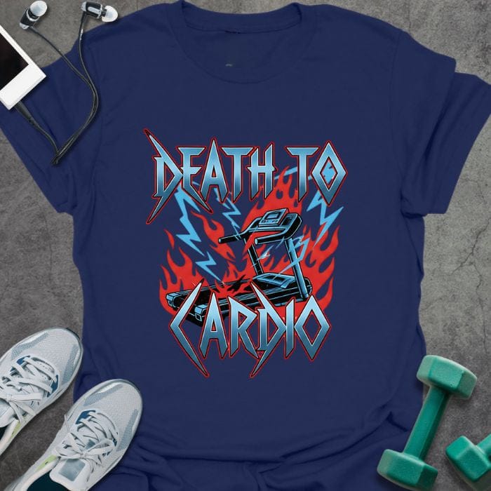 Navy t-shirt printed with "Death to Cardio" in red and blue, with metal band style graphics