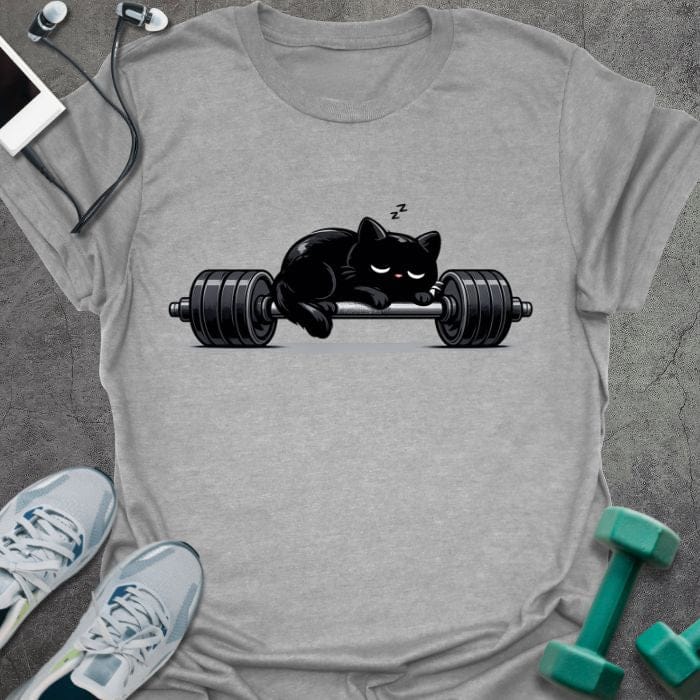 Sport grey t-shirt with an illustration of a black cat sleeping on a barbell in black