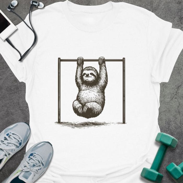 White t-shirt with sloth hanging from bar