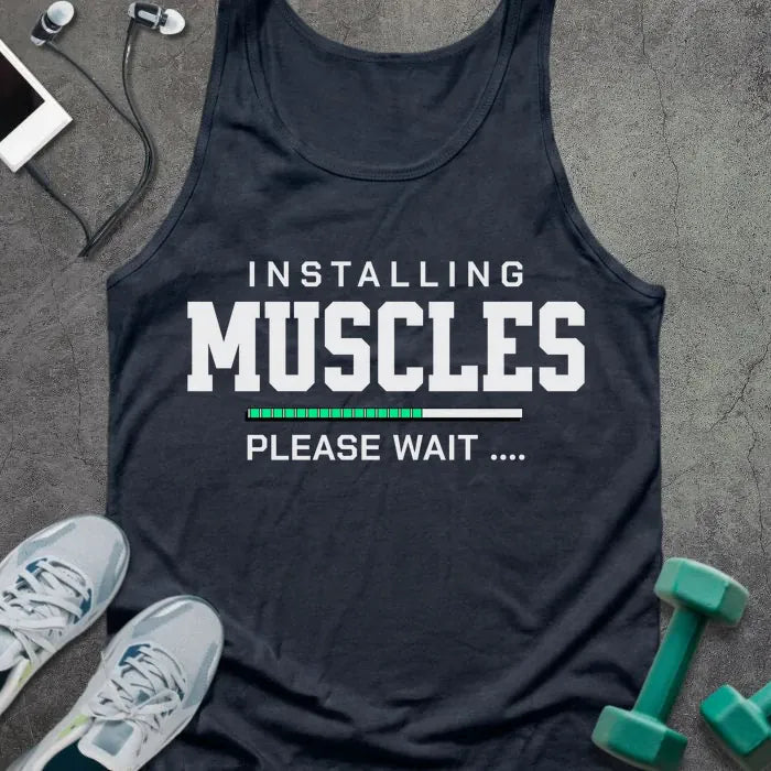Navy tank top printed with "Installing Muscles Please Wait ...." in white and teal, with progress bar in teal