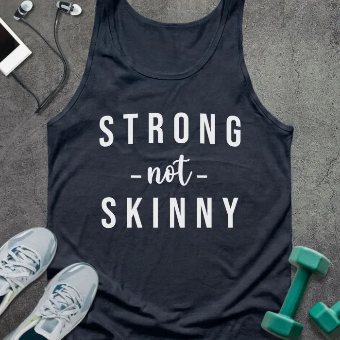 Navy tank top printed with "STRONG -not- SKINNY" in white