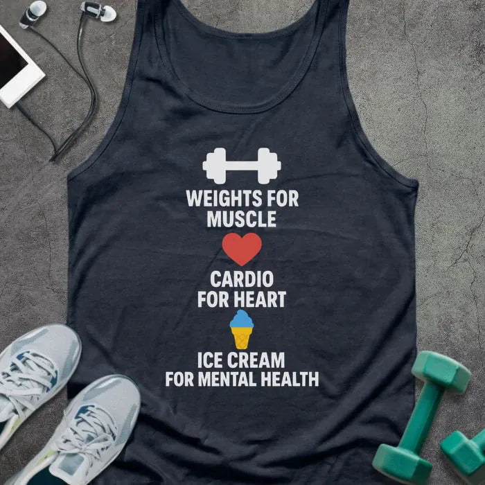 Navy tank top printed with "Weights for Muscle Cardio for Heart Ice Cream for Mental Health" in white and red, with dumbbell, heart, and ice cream cone icons