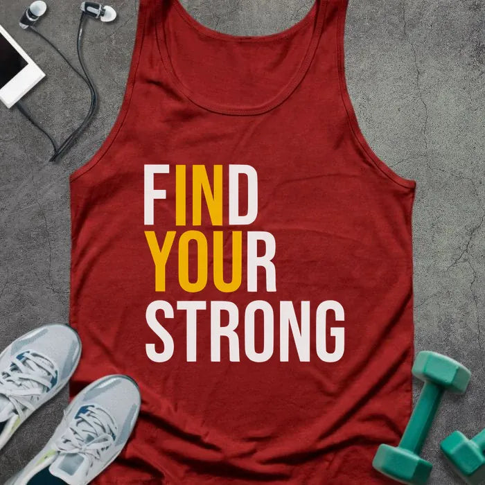 Red tank top printed with "Find Your Strong" in white and yellow