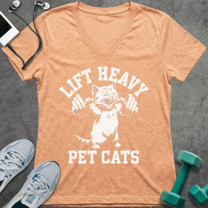 Peach v-neck with "LIFT HEAVY PET CATS" text and cat lifting dumbbells