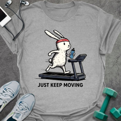 Gray t-shirt with rabbit on treadmill and "JUST KEEP MOVING" text in black
