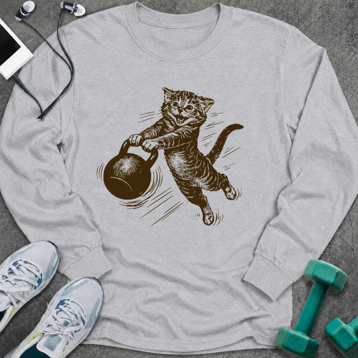 Ash long sleeve tee printed with a sepia sketch of a cat swinging a kettlebell