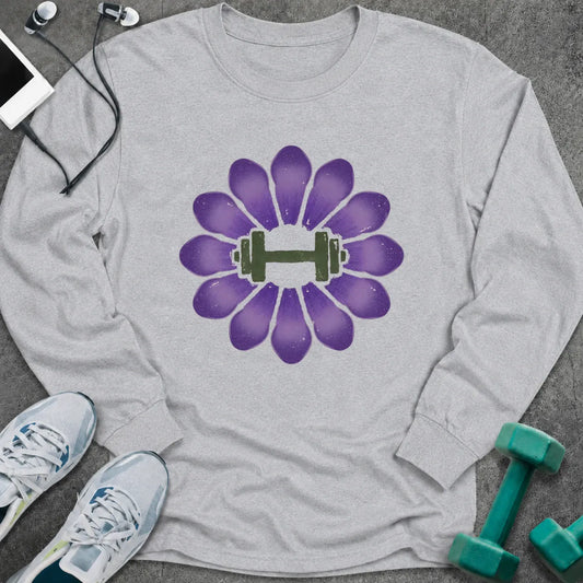 Ash long sleeve tee printed with a purple crocus with a green dumbbell at its center
