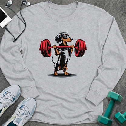 Ash long sleeve tee printed with a dachshund pressing a red barbell overhead