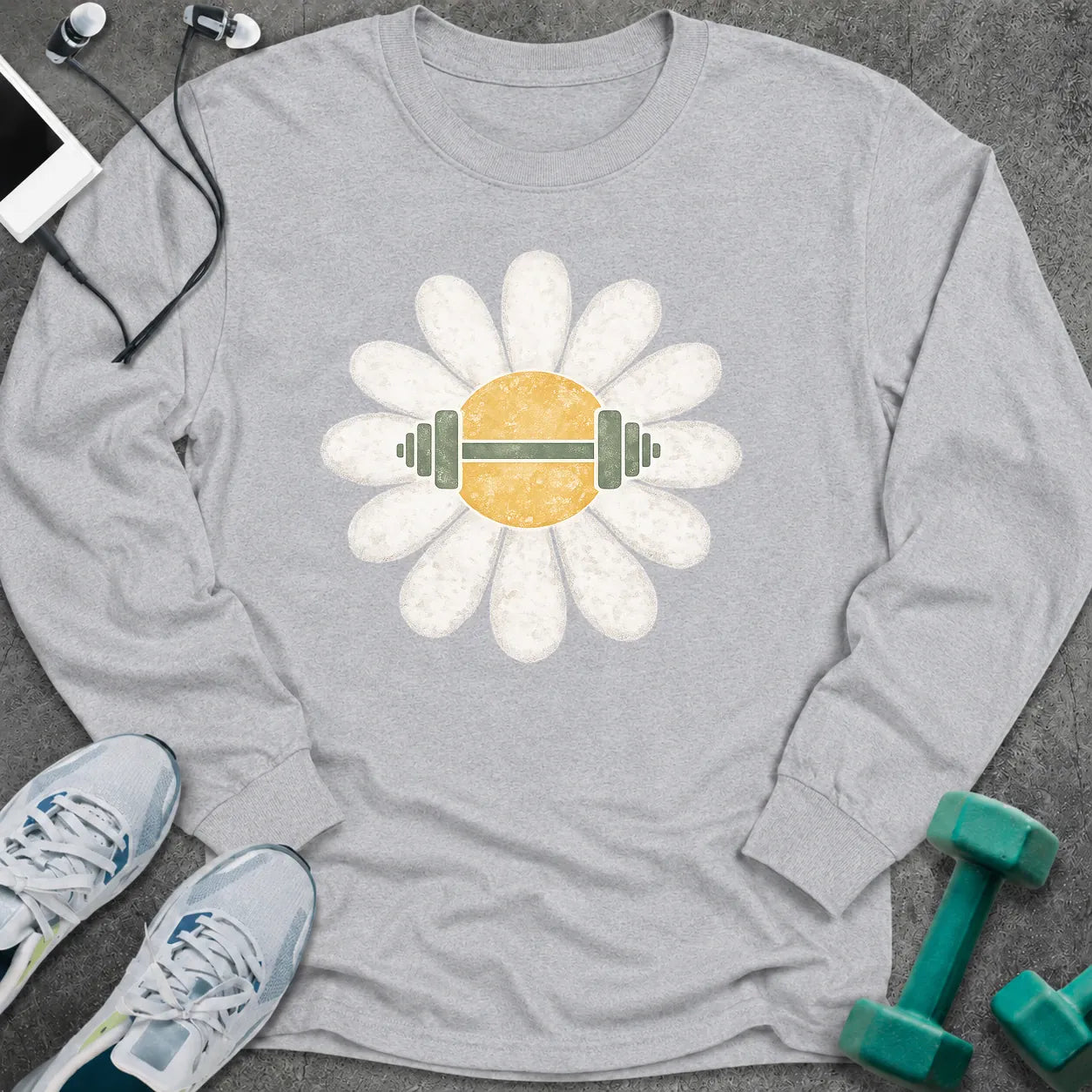 Ash long sleeve tee printed with a white daisy with a barbell through its center
