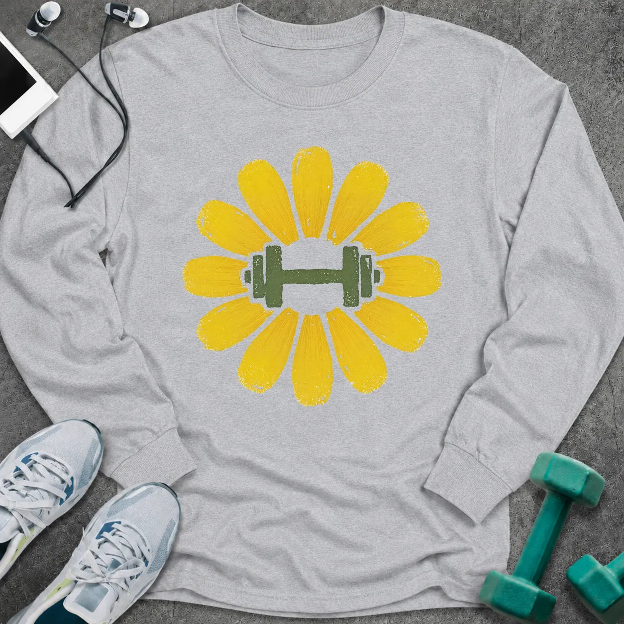 Ash long sleeve tee printed with a yellow flower with a green dumbbell at its center