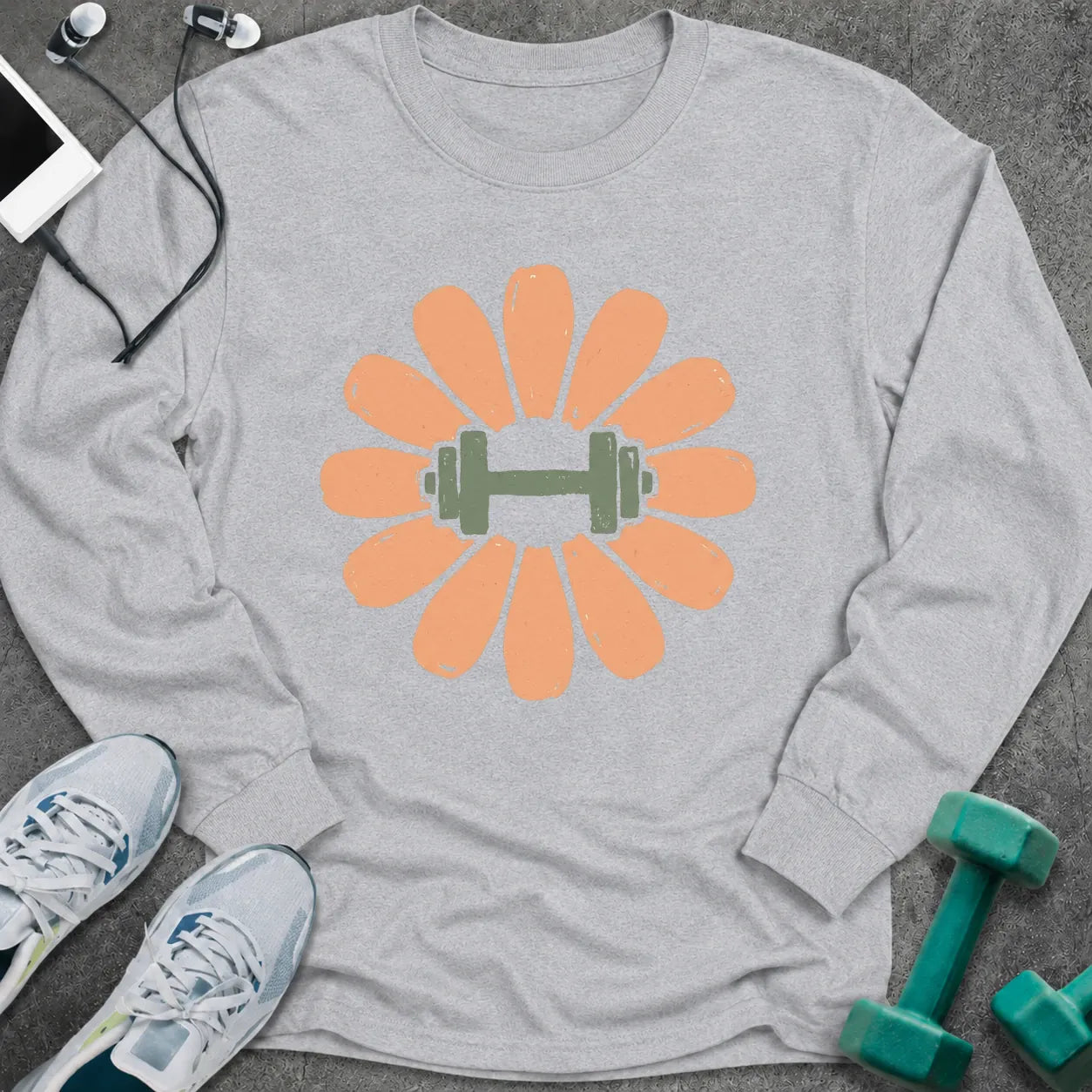 Ash long sleeve tee printed with a peach flower with a green dumbbell at its center