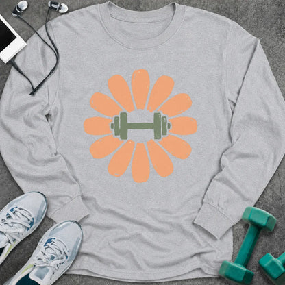 Ash long sleeve tee printed with a peach flower with a green dumbbell at its center