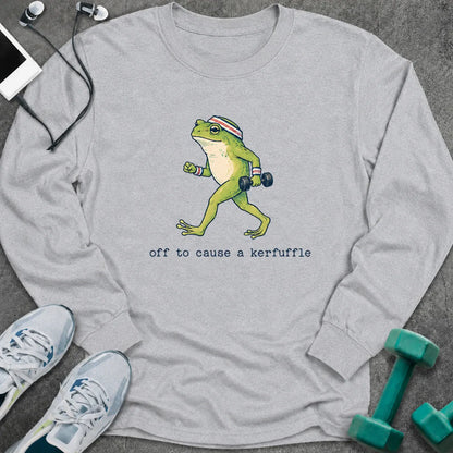 Ash long sleeve tee printed with "off to cause a kerfuffle" in black, with a green frog carrying dumbbells