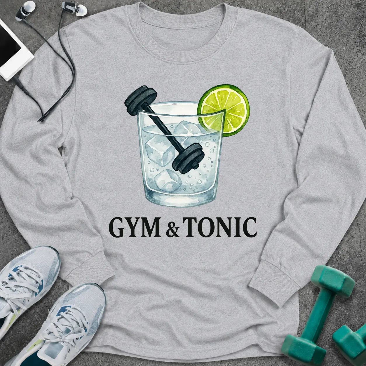 Ash long sleeve tee printed with "Gym & Tonic" in black, with a tonic glass holding a lime wedge and a dumbbell