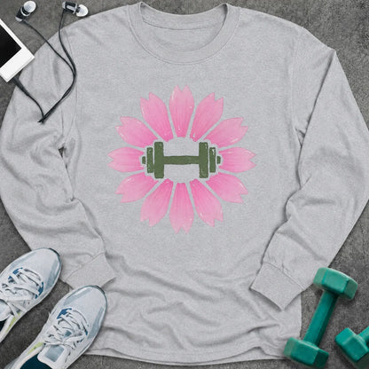 Ash long sleeve tee printed with a pink cherry blossom with a green dumbbell at its center