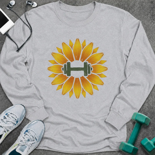 Ash long sleeve tee printed with a sunflower with a green dumbbell at its center