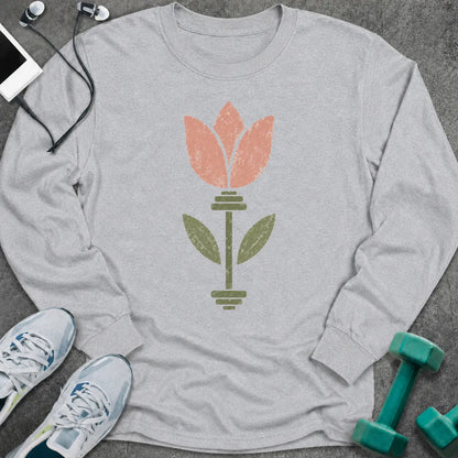 Ash long sleeve tee printed with a pink tulip growing from a barbell stem