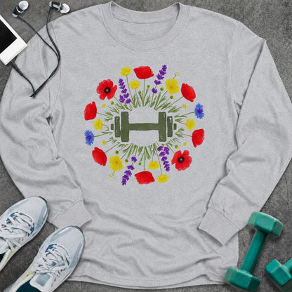 Ash long sleeve tee printed with a wreath of red and purple wildflowers around a green dumbbell
