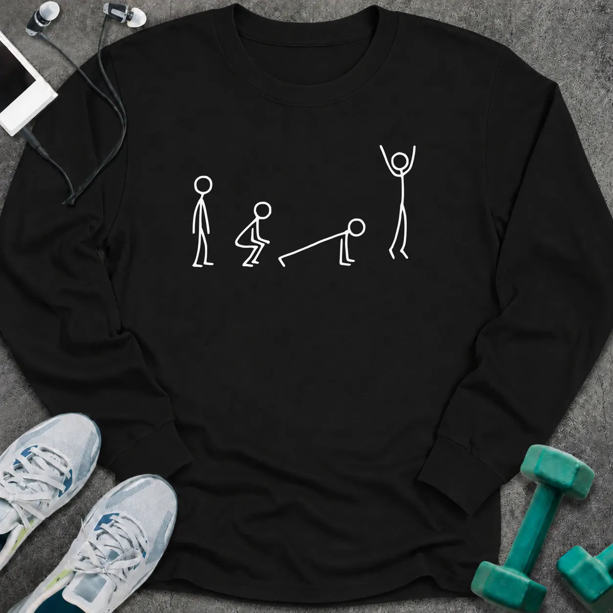 Black long sleeve tee printed with stick figures moving through the four stages of a burpee in white
